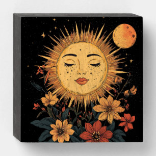 Celestial Sun Goddess with Blossoming Florals Wooden Box Sign