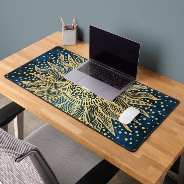 Celestial Sun Mandala Blue and Gold Desk Mat (Office 2)