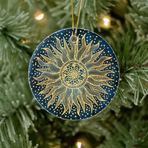 Celestial Sun Mandala Blue Gold Confetti Ceramic Ornament