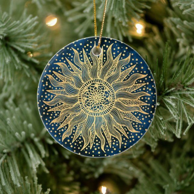Celestial Sun Mandala Blue Gold Confetti Ceramic Ornament (Tree)