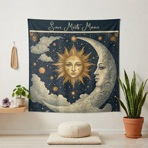 Celestial Sun Meets Moon Zodiac Spiritual Cosmos Tapestry