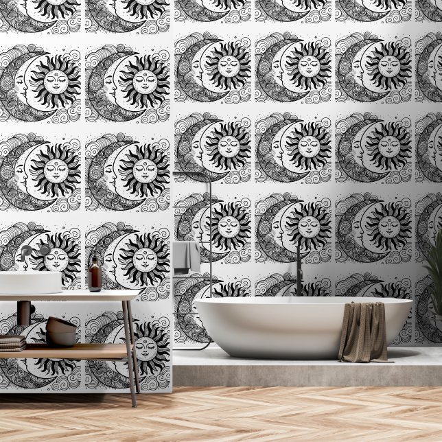 Celestial Sun Moon and Stars Custom Coloring Wallpaper (Bathroom)