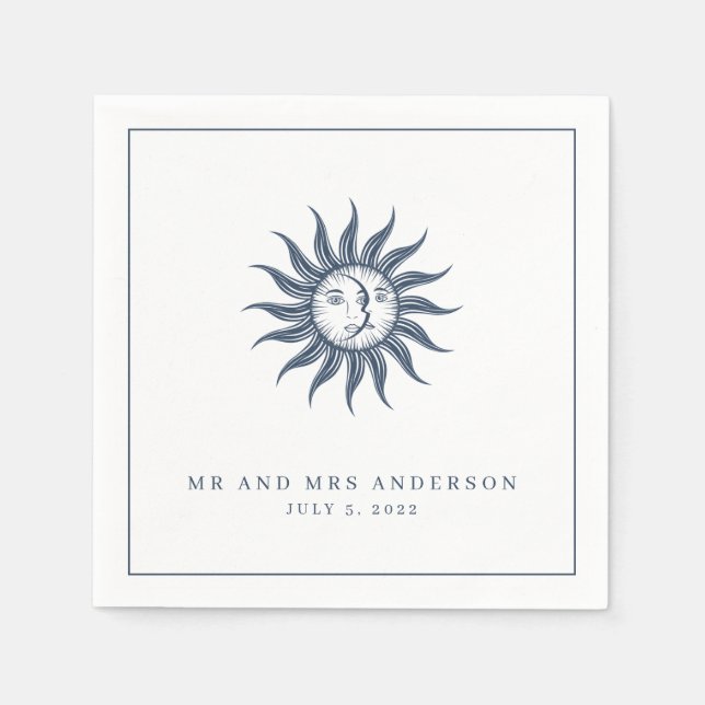 Celestial Sun & Moon Blue Wedding Napkins (Front)