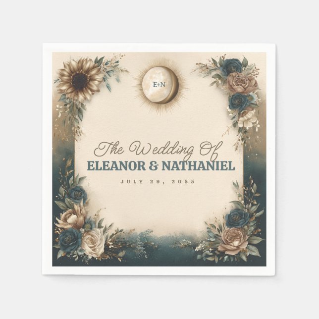 Celestial Sun Moon Boho Floral Rustic Wedding Napkins (Front)