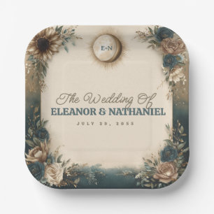 Celestial Sun Moon Boho Floral Rustic Wedding Paper Plates