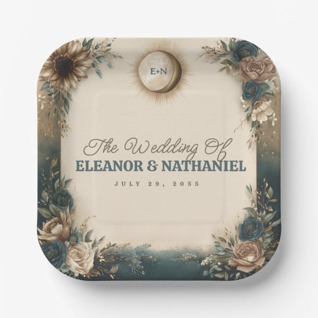 Celestial Sun Moon Boho Floral Rustic Wedding Paper Plates (Front)