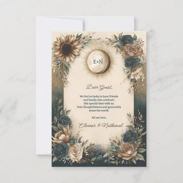 Celestial Sun Moon Boho Floral Rustic Wedding Thank You Card (Front)