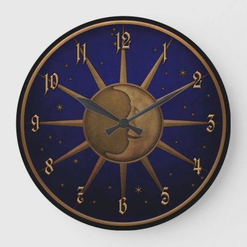 Celestial Sun Moon Brass Bas Relief Graphic Large Clock