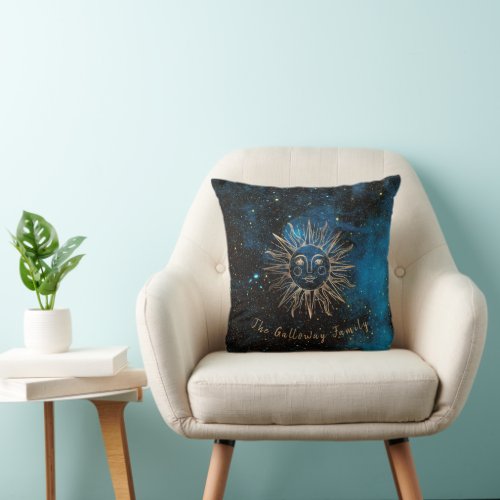 Celestial Sun Moon Custom Name Glitter Chic Throw Pillow