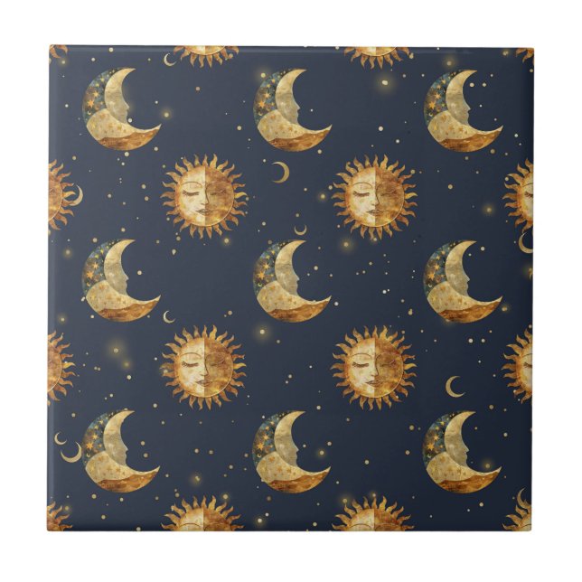 Celestial Sun & Moon Gold Starry Night Pattern (1) Ceramic Tile (Front)