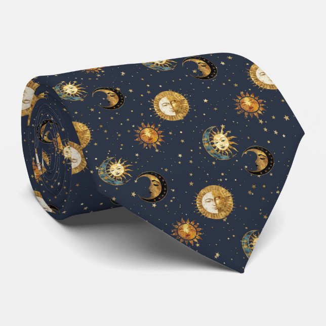 Celestial Sun & Moon Gold Starry Night Pattern (2) Neck Tie (Rolled)