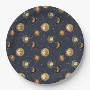Celestial Sun & Moon Gold Starry Night Pattern (2) Paper Plates