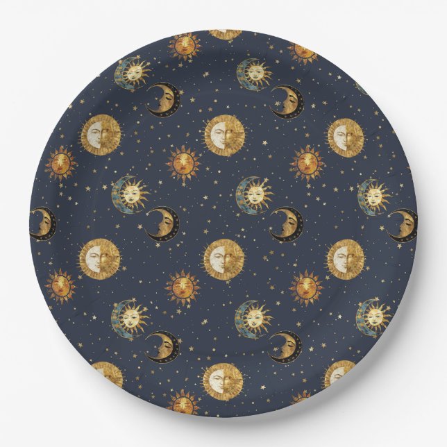 Celestial Sun & Moon Gold Starry Night Pattern (2) Paper Plates (Front)