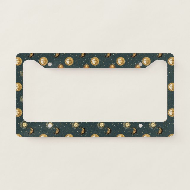 Celestial Sun & Moon Gold Starry Night Pattern (3) License Plate Frame (Front)