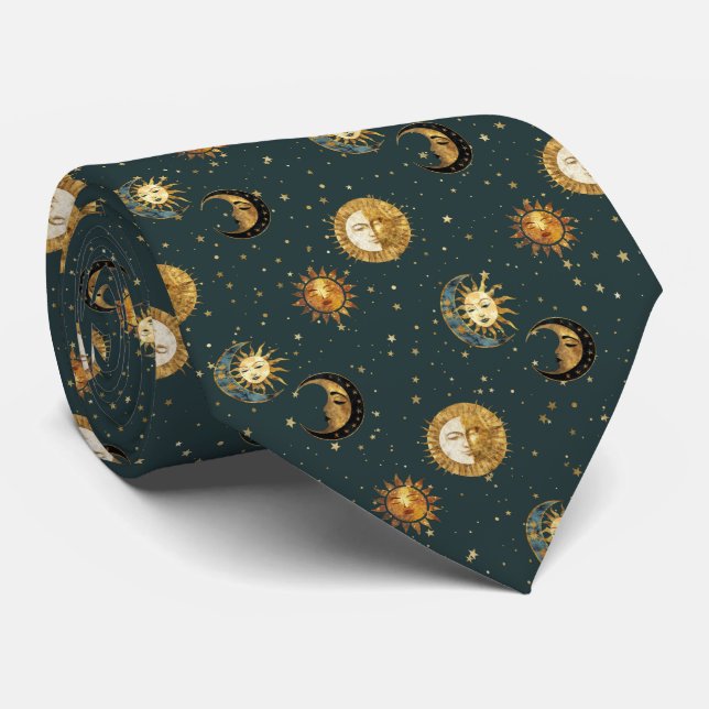 Celestial Sun & Moon Gold Starry Night Pattern (3) Neck Tie (Rolled)