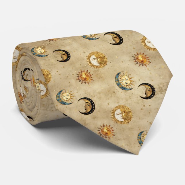 Celestial Sun & Moon Gold Starry Night Pattern (4) Neck Tie (Rolled)