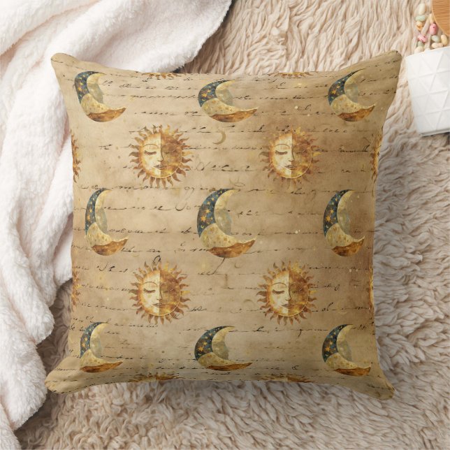 Celestial Sun & Moon Gold Starry Night Pattern (5) Throw Pillow (Blanket)