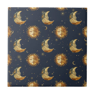 Celestial Sun & Moon Gold Starry Night Pattern Ceramic Tile