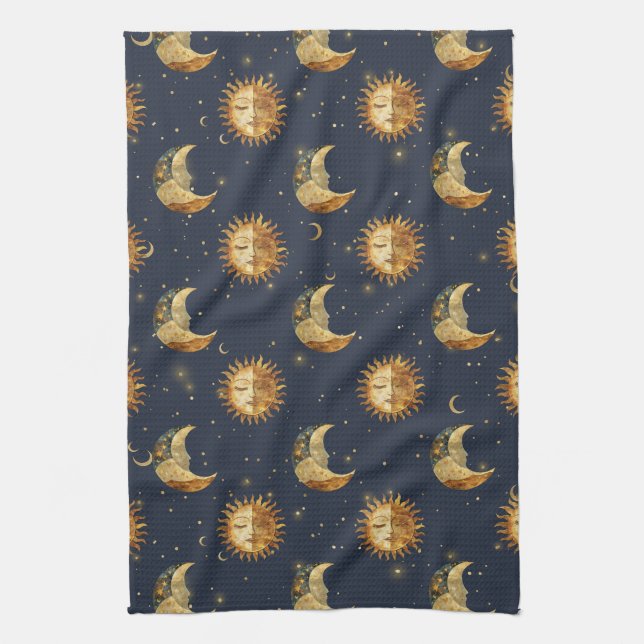 Celestial Sun & Moon Gold Starry Night Pattern Kitchen Towel (Vertical)