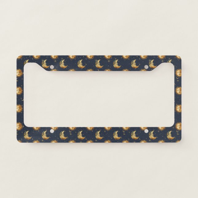 Celestial Sun & Moon Gold Starry Night Pattern License Plate Frame (Front)