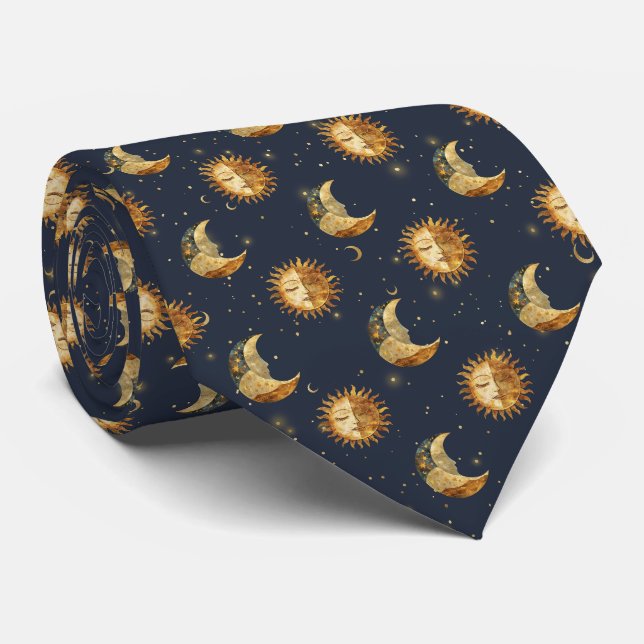 Celestial Sun & Moon Gold Starry Night Pattern Neck Tie (Rolled)