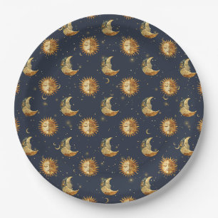 Celestial Sun & Moon Gold Starry Night Pattern Paper Plates