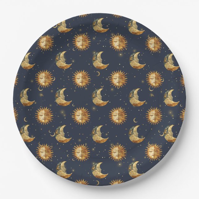 Celestial Sun & Moon Gold Starry Night Pattern Paper Plates (Front)
