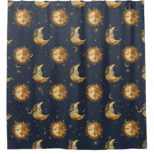 Celestial Sun & Moon Gold Starry Night Pattern Shower Curtain