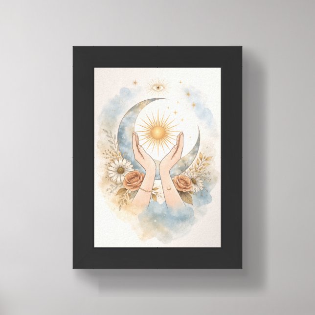 Celestial Sun Moon Hands Aesthetic Wall Art (Framed Front)