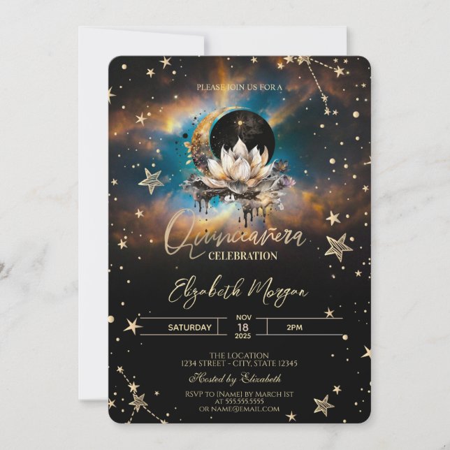 Celestial Sun,Moon Lotus Stars Quinceanera Invitation (Front)