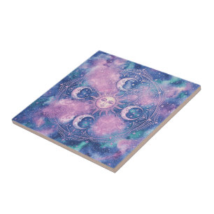 Celestial Sun & Moon Mandala Galaxy Nebula Ceramic Tile