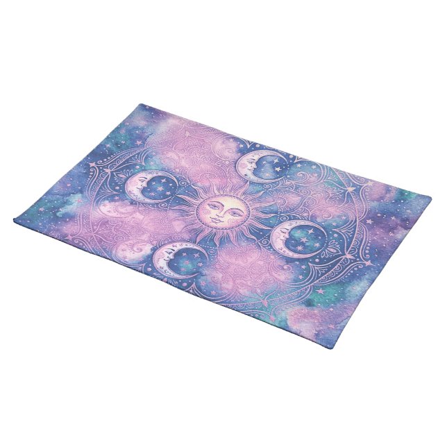 Celestial Sun & Moon Mandala Galaxy Nebula Cloth Placemat (On Table)