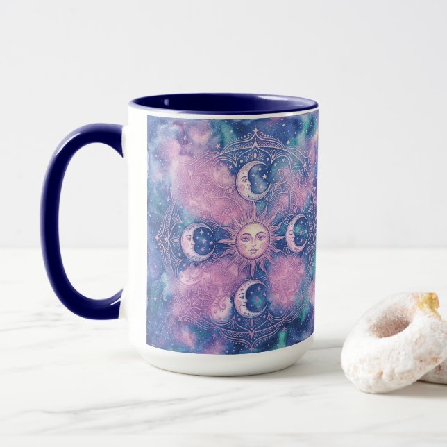Celestial Sun & Moon Mandala Galaxy Nebula Mug (With Donut)