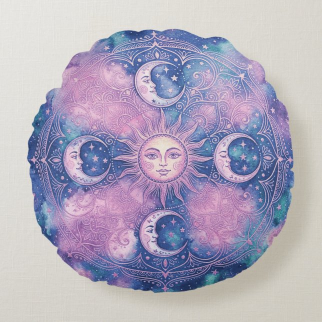 Celestial Sun & Moon Mandala Galaxy Nebula Round Pillow (Front)