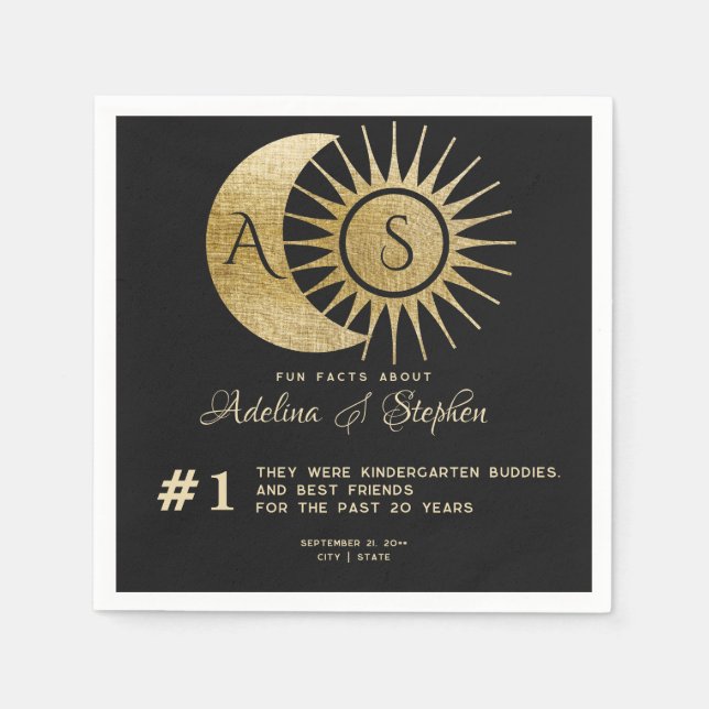 Celestial Sun Moon Monogram Crest Gold Fun Facts Napkins (Front)