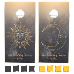 Celestial Sun Moon Name Gold Glitter Taupe Trendy Cornhole Set