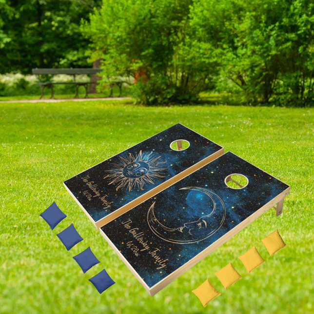 Celestial Sun Moon Personalized Name Glitter Navy Cornhole Set (Creator Uploaded)