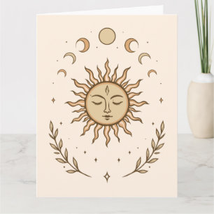 Celestial Sun Moon Phases Mystical Botanical Art Card