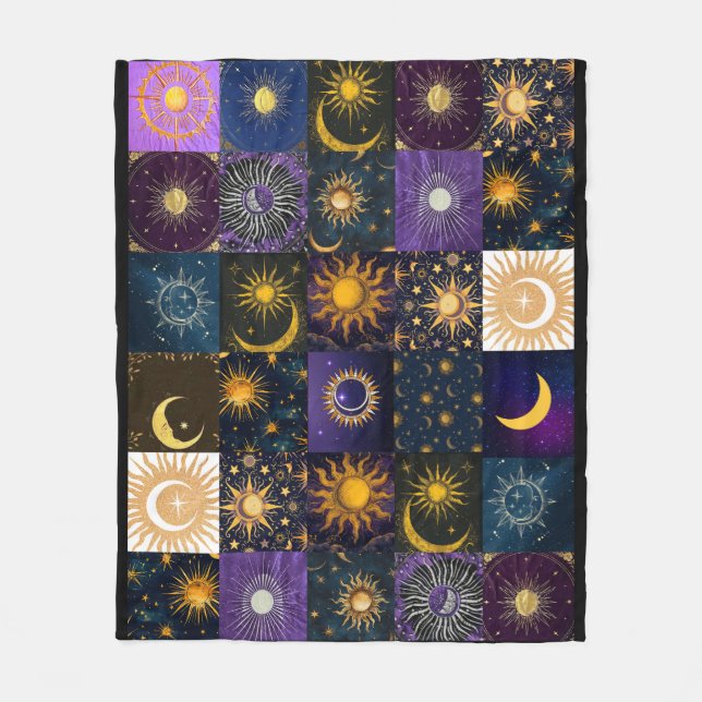 Celestial Sun Moon Phases Patchwork Boho Mystical Fleece Blanket (Front)