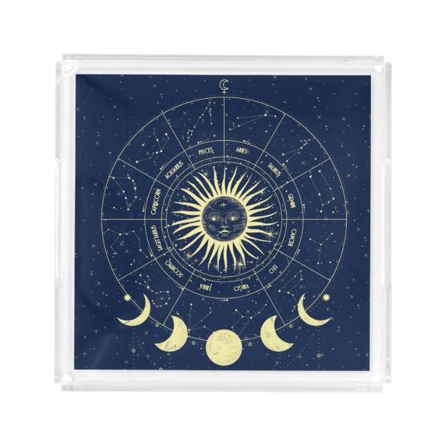 Celestial Sun Moon Phases Zodiac Acrylic Tray (Front)