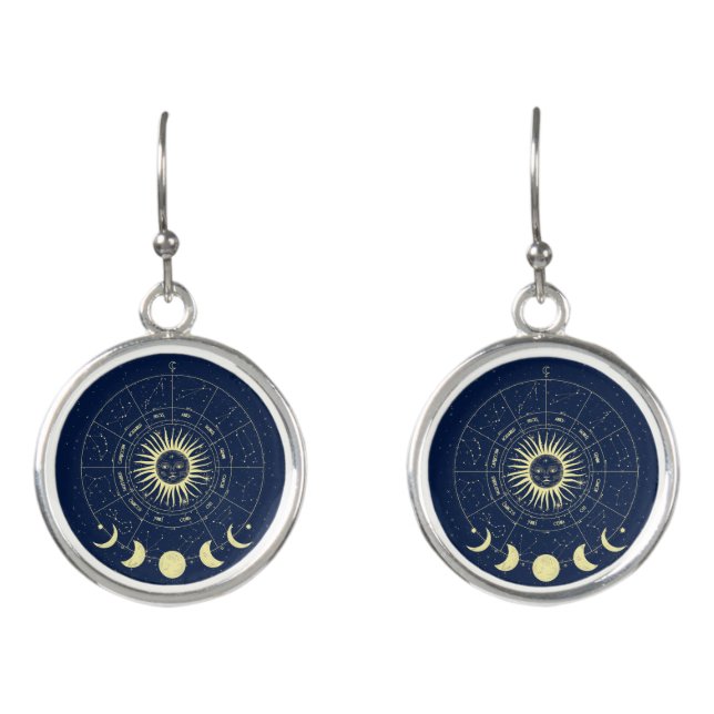 Celestial Sun Moon Phases Zodiac Earrings (Front)
