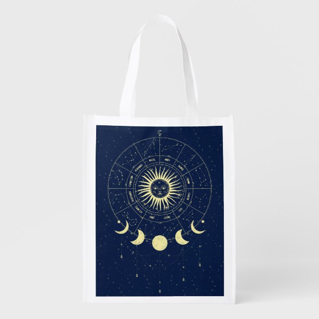 Celestial Sun Moon Phases Zodiac Grocery Bag (Front)