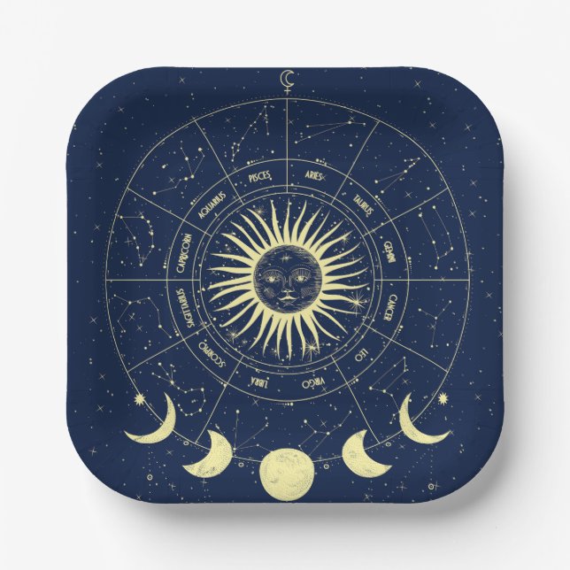 Celestial Sun Moon Phases Zodiac Paper Plates (Front)