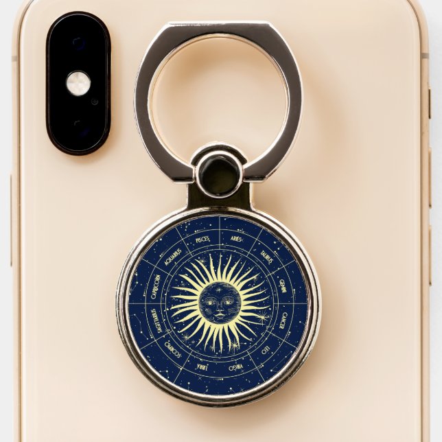 Celestial Sun Moon Phases Zodiac Phone Ring Stand (Close Up)