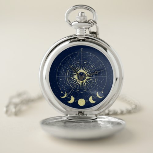 Celestial Sun Moon Phases Zodiac Pocket Watch