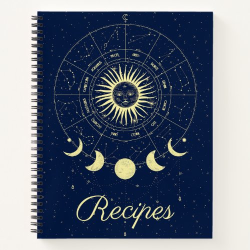 Celestial Sun Moon Phases Zodiac Recipe Notebook