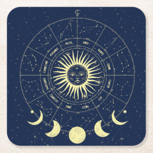 Celestial Sun Moon Phases Zodiac Square Paper Coaster