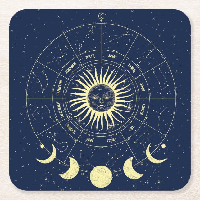 Celestial Sun Moon Phases Zodiac Square Paper Coaster (Front)