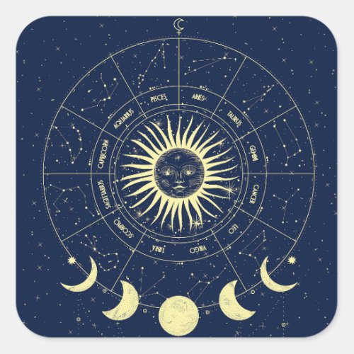 Celestial Sun Moon Phases Zodiac Square Sticker