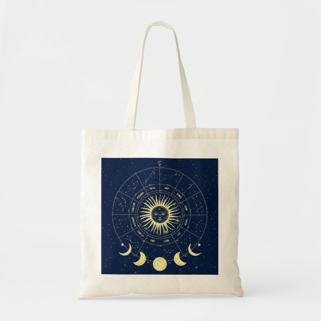 Celestial Sun Moon Phases Zodiac Tote Bag (Front)